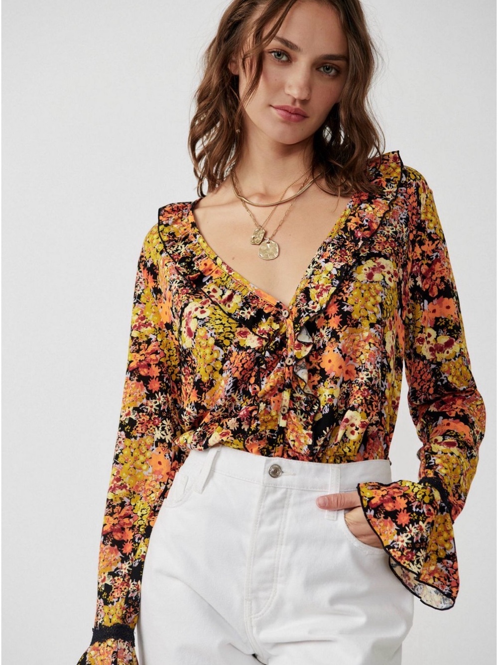 Free People Intimately Multi Floral V Neck Bodysuit Size Large